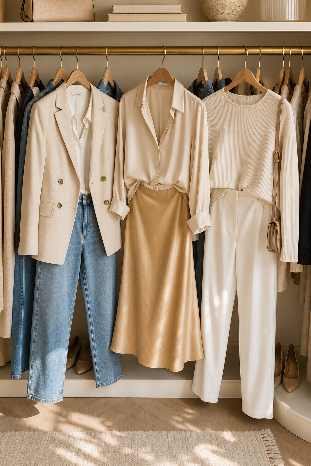Closet rail of owned clothes suggesting new outfit combinations from pieces already hanging
