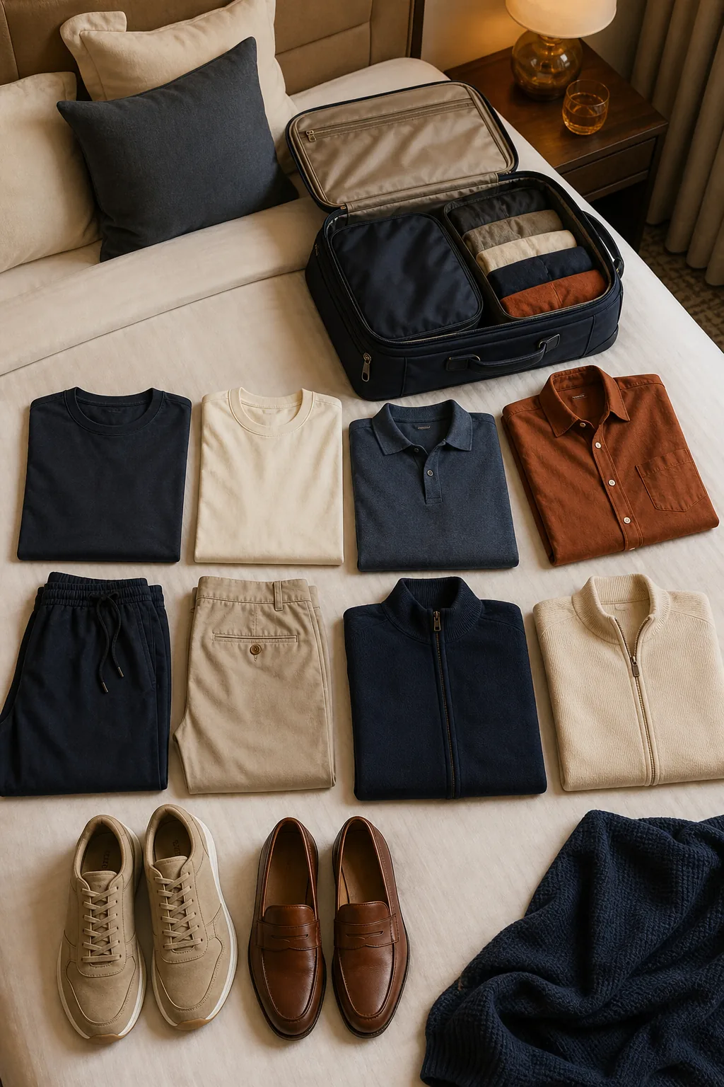 Men's 10-piece travel packing grid in navy, cream, and rust with shared sneakers and loafers beside a carry-on