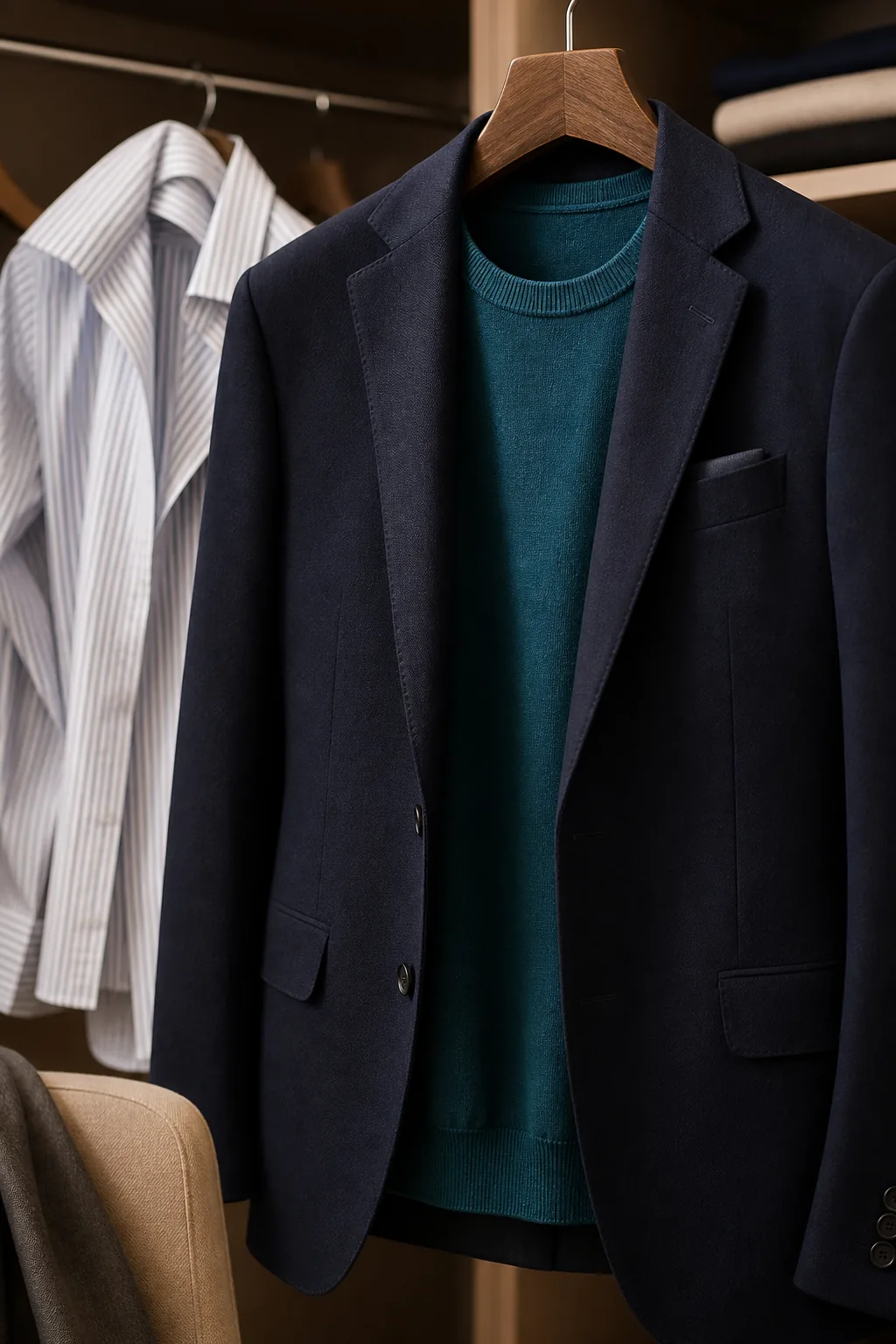 On-camera wardrobe: solid teal mid-tone knit and navy blazer ready; fine-striped shirt set aside to avoid moiré