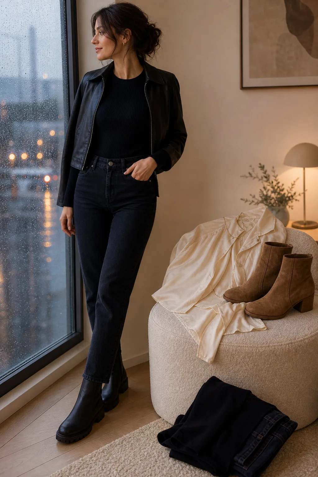 Rainy rooftop date outfit survivors: dark knit, jeans, grip leather boots, and a cropped leather jacket