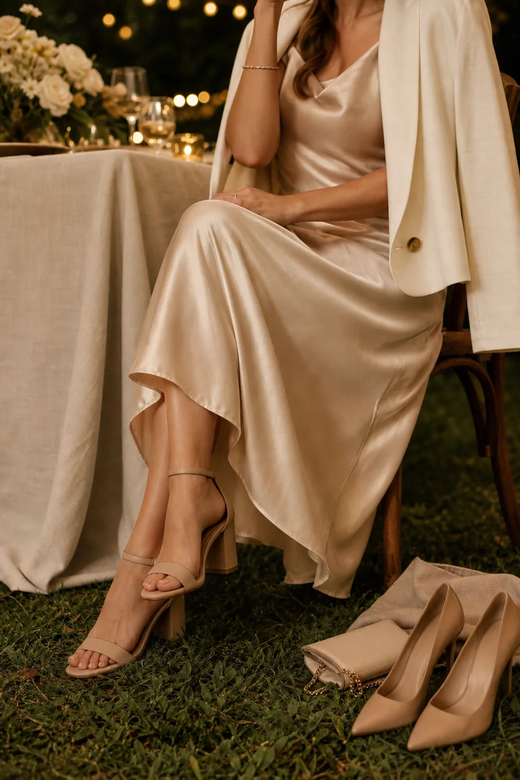 Women's semi-formal outdoor evening wedding outfit: satin midi dress, block-heel sandals, and ivory jacket for after sunset