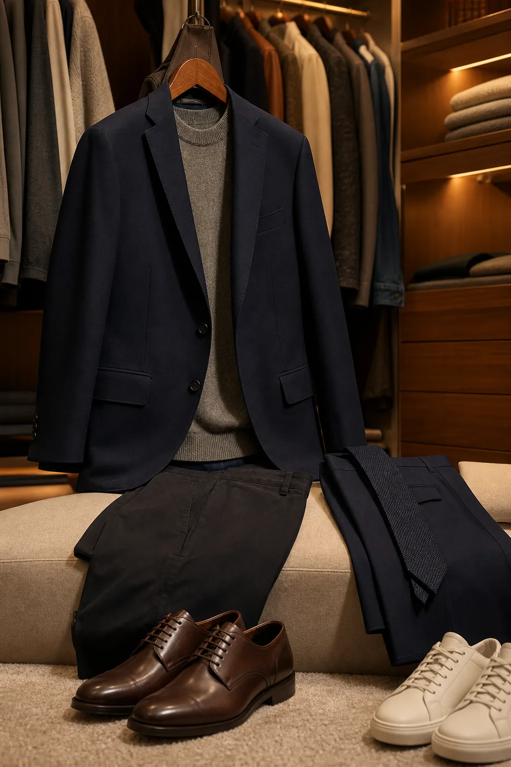 Men's closet setup for a tech interview: navy blazer over a grey knit with dark trousers; suit trousers and tie set aside