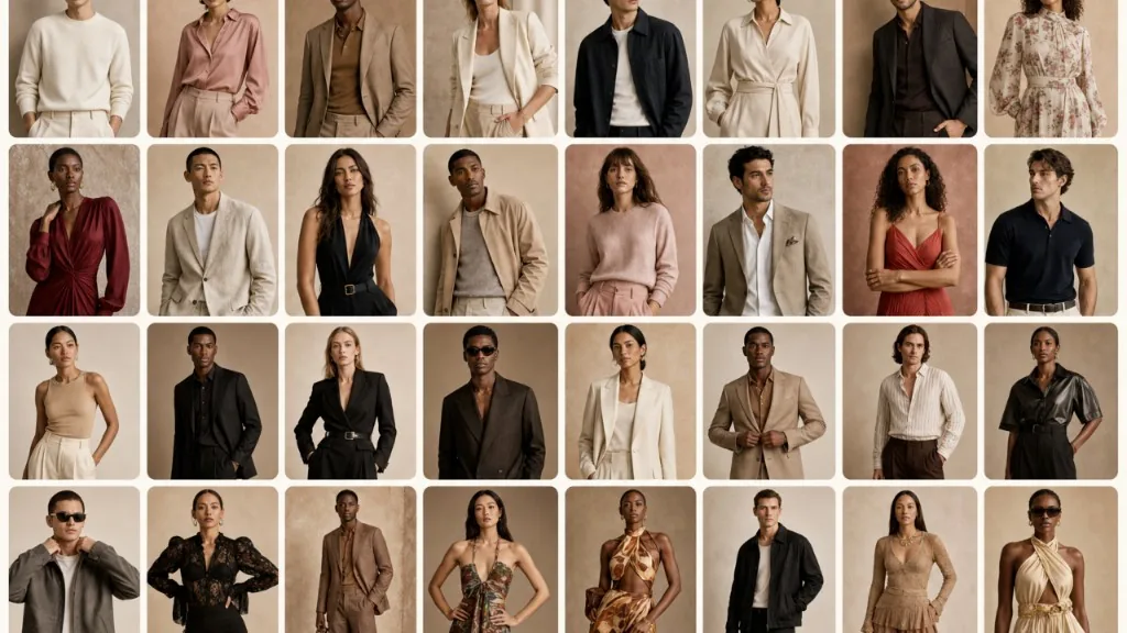 Grid of 32 outfits mysta styled from existing closets: blazers, slip dresses, and tailoring across body types and seasons