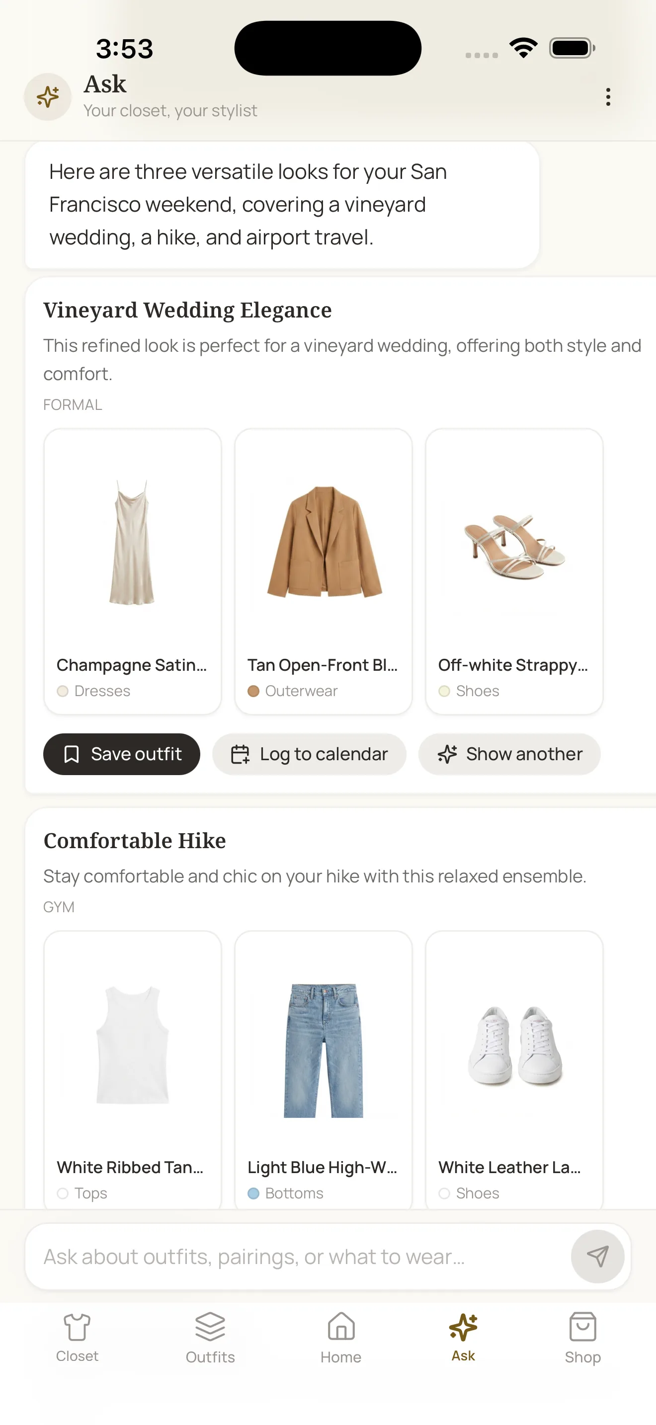 mysta Ask stylist: three versatile looks for a San Francisco weekend — a vineyard wedding, a hike, and airport travel — each styled only from the user's own closet