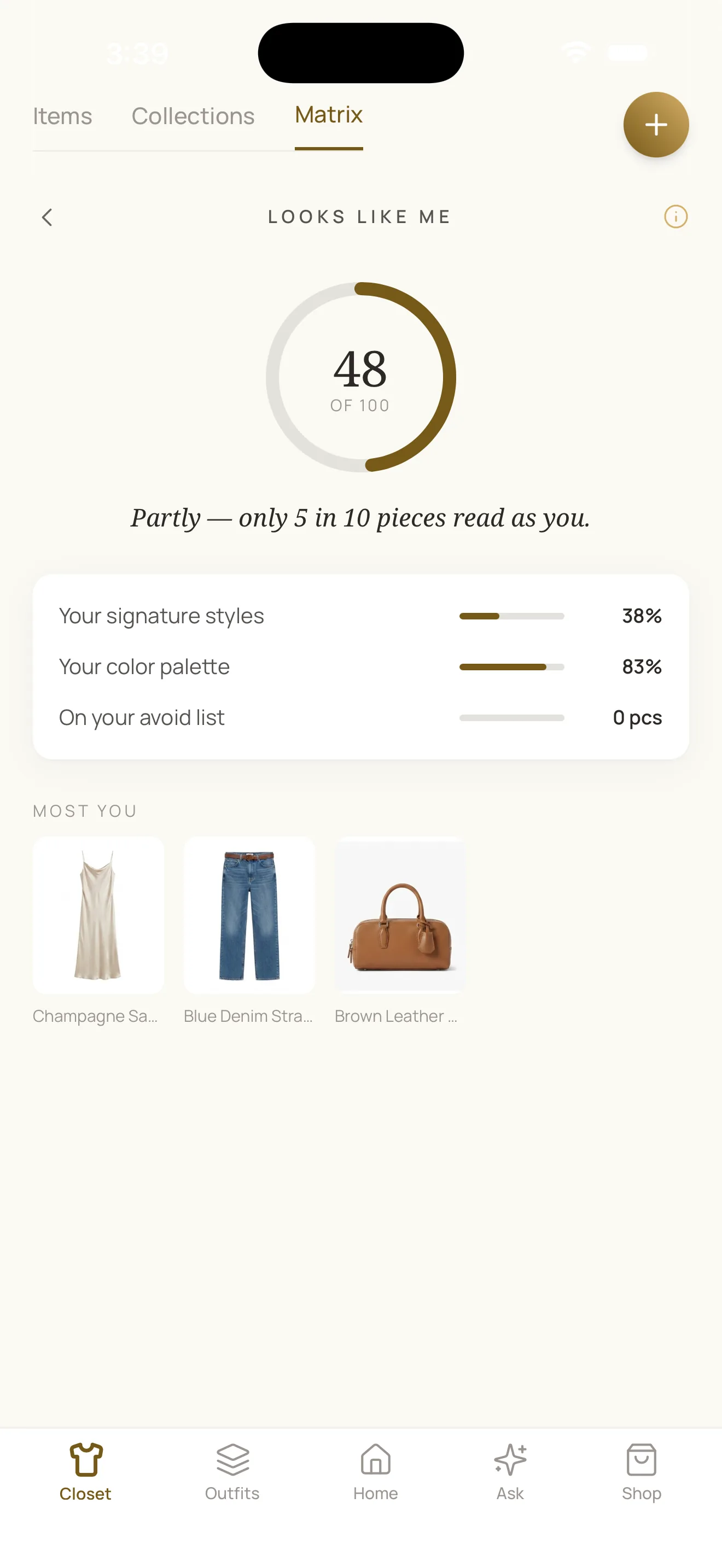 mysta Closet Matrix "Looks Like Me" score 48/100: 5 in 10 pieces read as you, signature styles 38%, color palette 83%