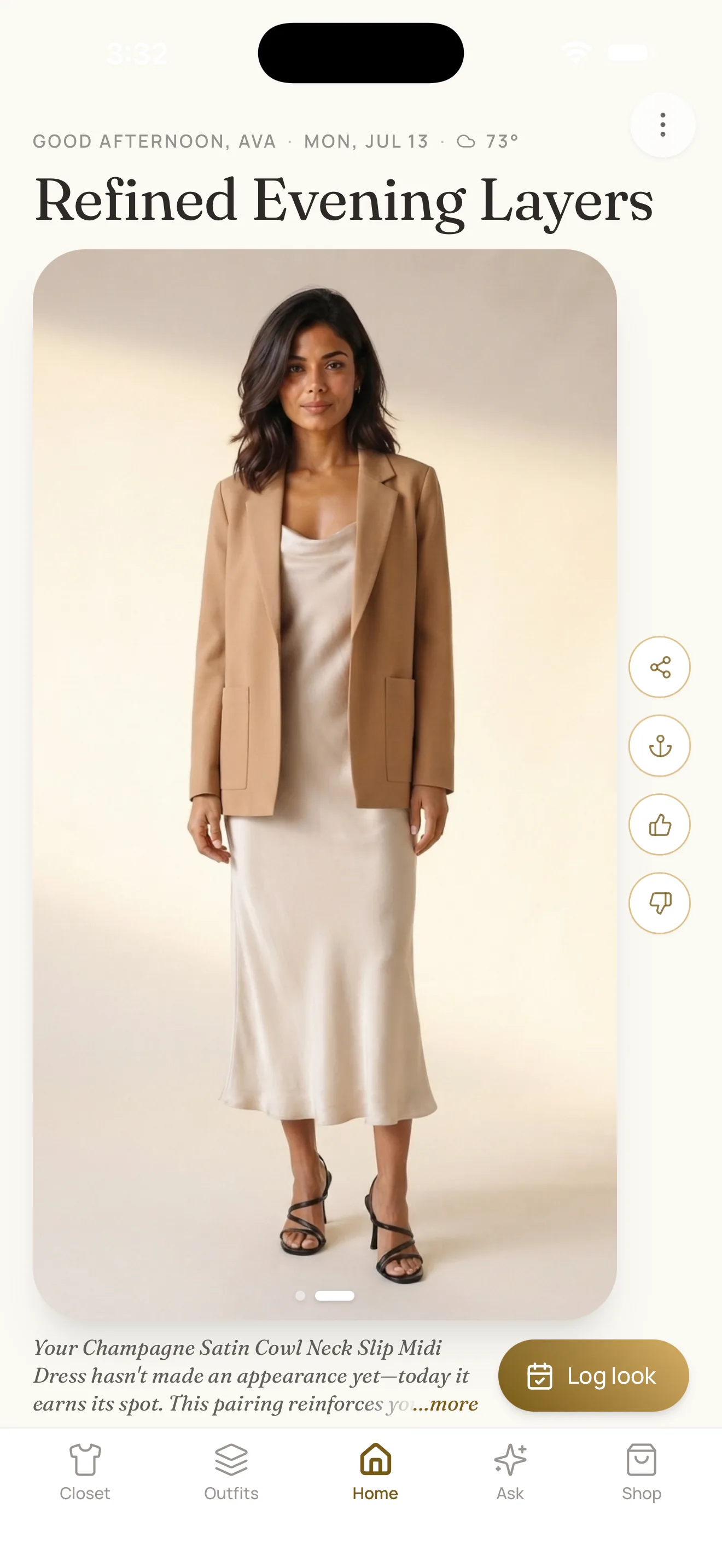 mysta Daily Look: "Refined Evening Layers" outfit of the day — tan blazer over champagne slip dress, styled for a 73° Monday