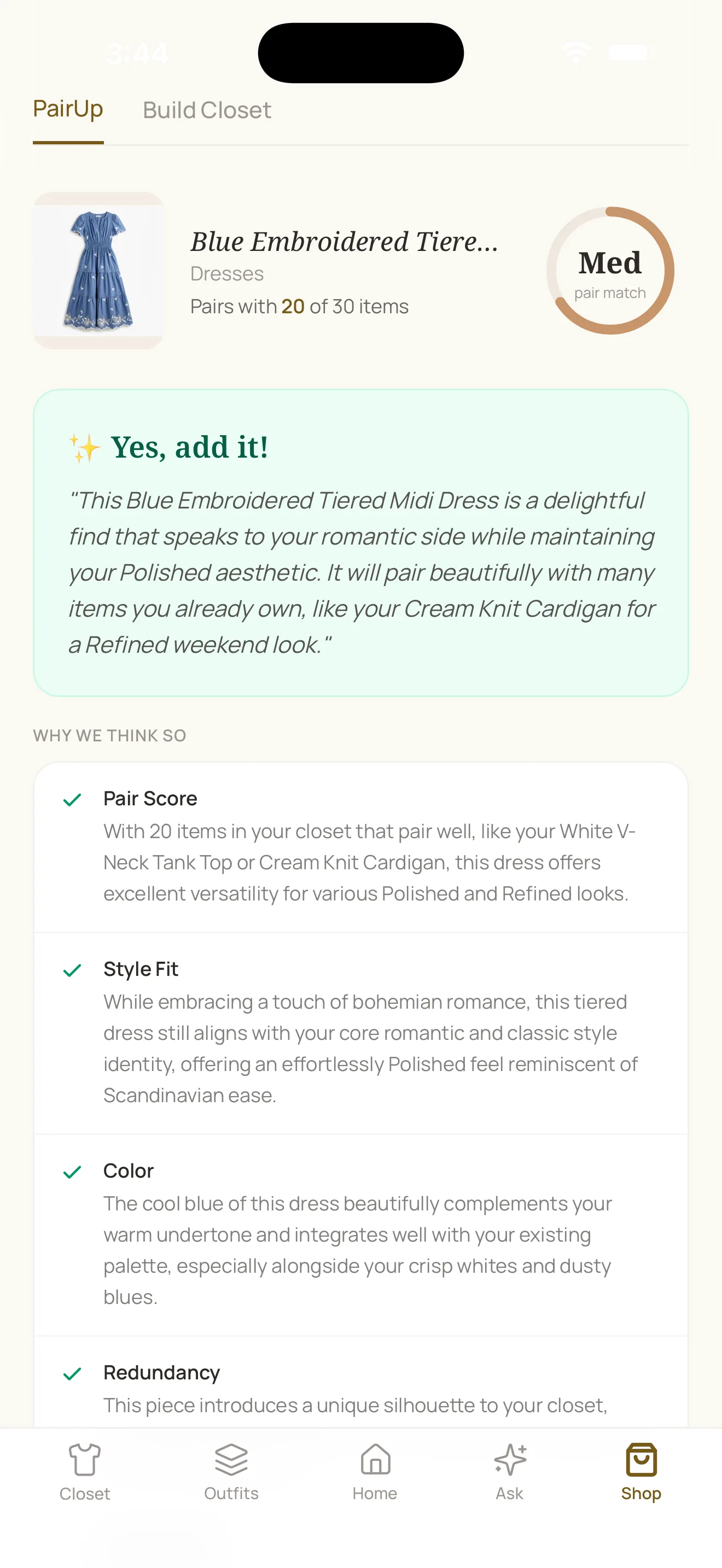 mysta PairUp verdict "Yes, add it": blue embroidered midi dress pairs with 20 of 30 closet items, medium pair-match score