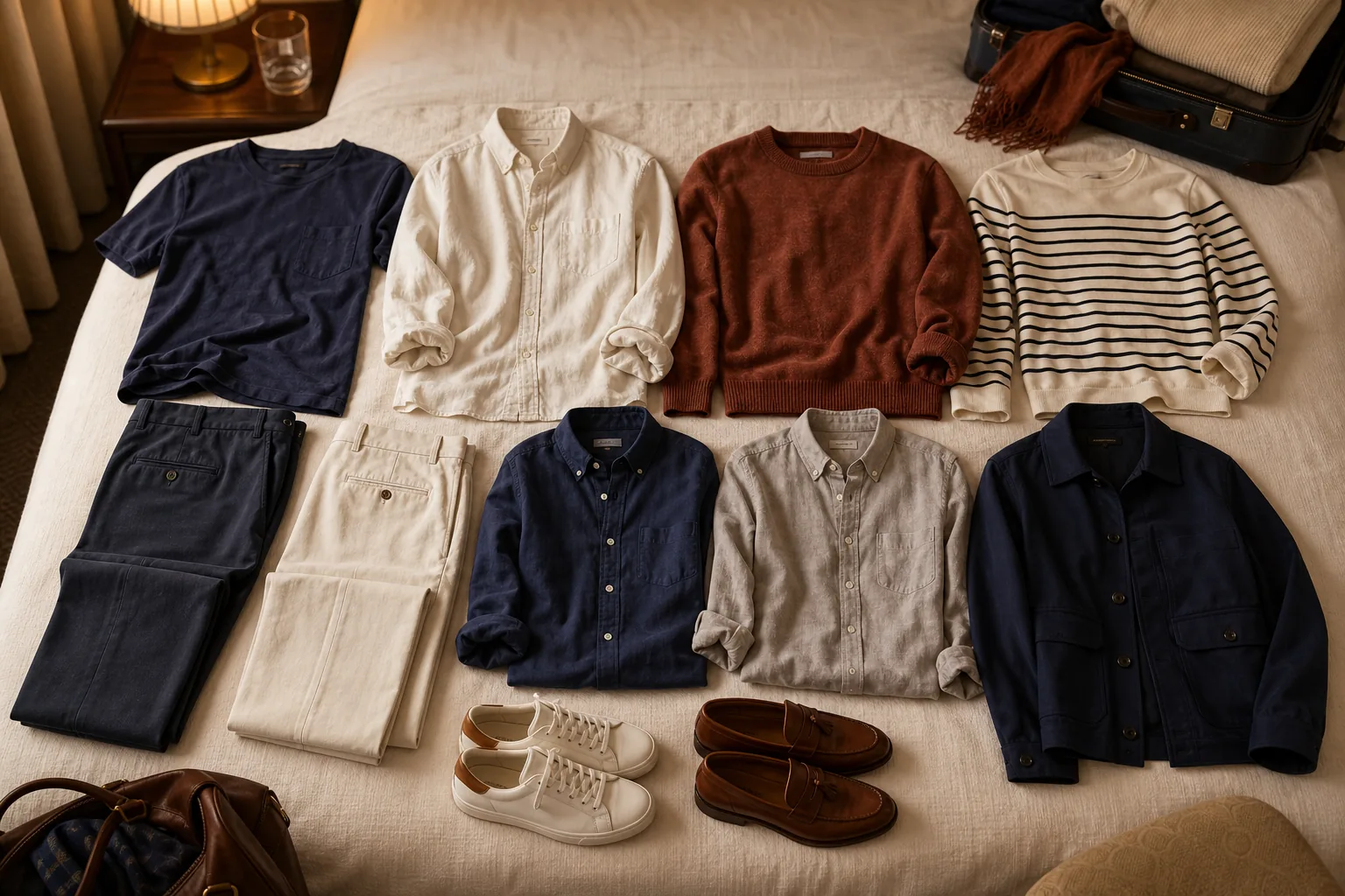 Ten mix-and-match travel pieces in a navy-cream-rust palette with shared sneakers and loafers, laid out to show six or more outfits for a four-day trip