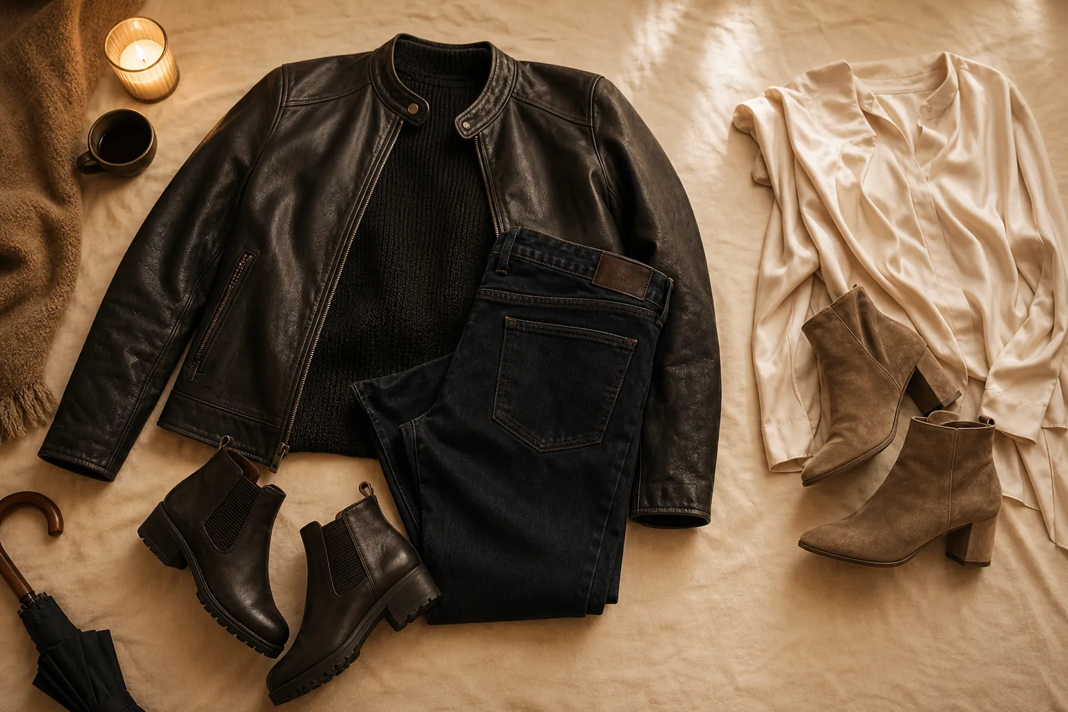 Rainy rooftop first-date outfit from owned clothes: dark knit, jeans, grip leather boots, and a cropped leather jacket; suede and delicate silk ruled out for rain