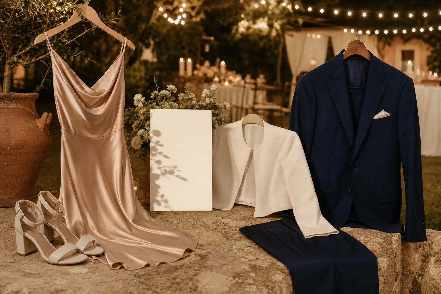 Semi-formal outdoor evening wedding outfits from owned clothes: satin midi with block heels and ivory jacket, plus men's navy blazer and tailored trousers under the same dress-code, venue, and evening filters
