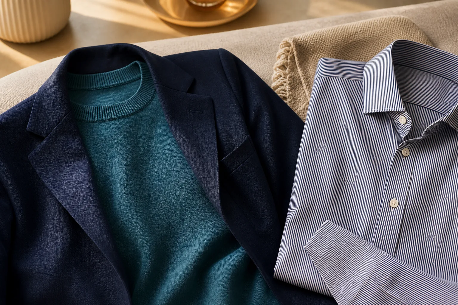 On-camera outfit from owned clothes: solid teal mid-tone knit with a clean neckline and navy blazer; fine stripes set aside to avoid moiré on video
