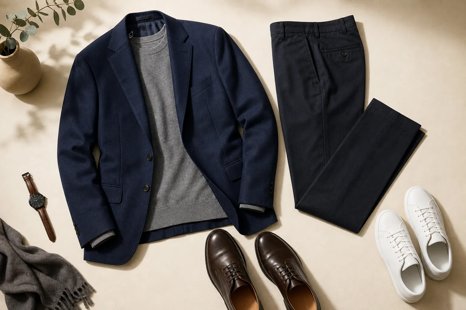 Men's tech interview outfit from owned clothes: navy blazer over a grey knit with dark tailored trousers and simple leather shoes; optional clean sneakers for a more casual tech setting